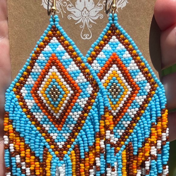 Native American Style Earrings Handmade Beaded Long Fringe Southwest Dangles - Picture 4 of 9